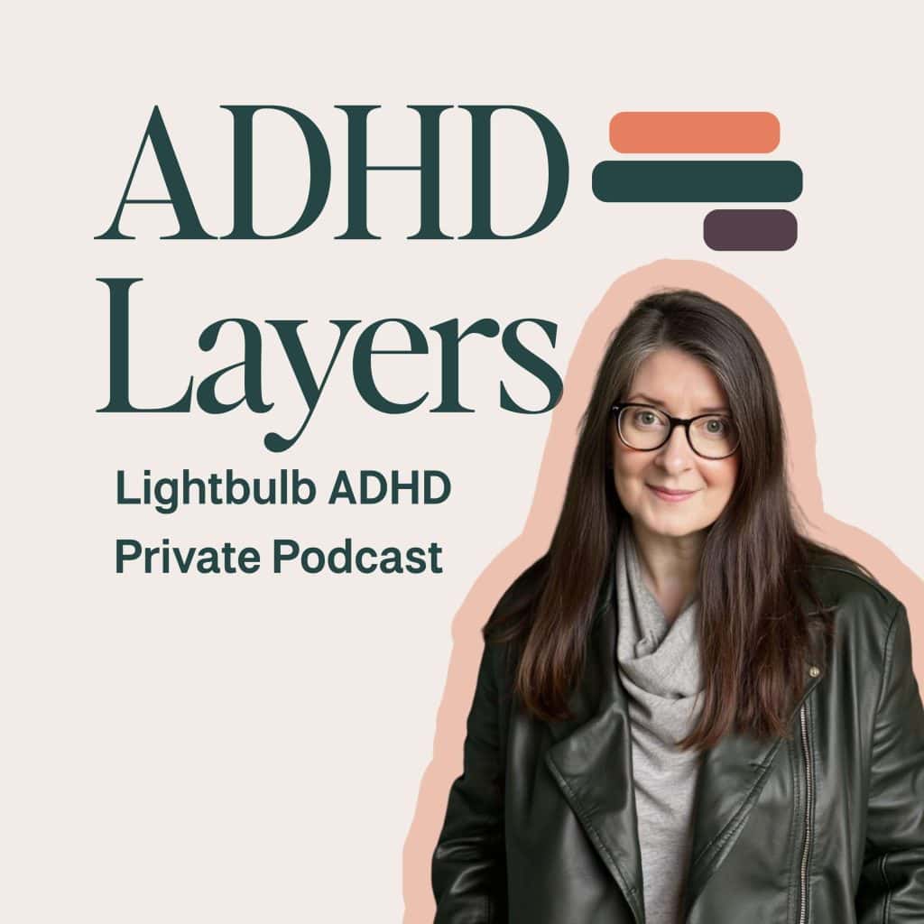 ADHD layers infographic with woman wearing glasses and leather jacket.