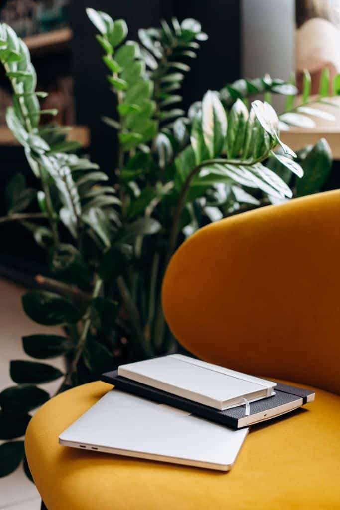 A stylish yellow chair with notebooks and a vibrant plant background indoors.